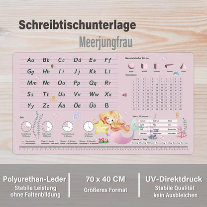 Desk pad for kids - Mermaid pattern ABC desk pad for girls - 70 x 40 cm - Double-sided polyurethane writing pad - Wipeable, oil and dirt repellent, soft