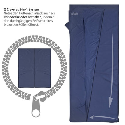 Outdoro Hut sleeping bag, ultra-light travel sleeping bag - only 350 g made of pure cotton with pillow compartment - thin & small - liner, travel sheet