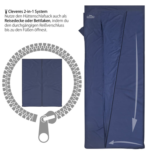 Outdoro Hut sleeping bag, ultra-light travel sleeping bag - only 350 g made of pure cotton with pillow compartment - thin & small - liner, travel sheet