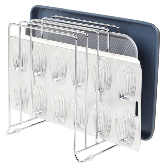 mDesign metal dish rack for baking trays - compact pot lid holder for kitchen cabinet - space-saving stand for cookware - silver-colored.