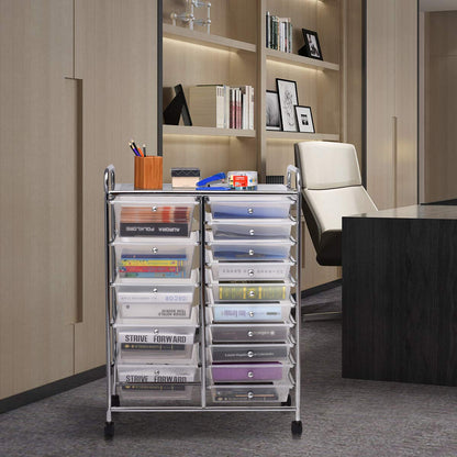 COSTWAY rolling cart with 15 stackable drawers, drawers cart with metal frame and shelf, bathroom trolley storage cart for office, living room, 62.5 x 37 x 87 cm.