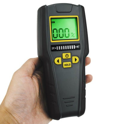 4-in-1 moisture meter without pins with digital LCD display featuring tricolor graphics for drywall, masonry, softwood, and hardwood with auto calibration & alarm.