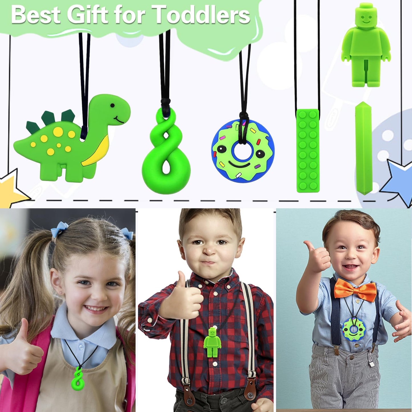 Chew Necklace for Kids, 6 Piece Sensory Chewing Necklace, Silicone Teether for Baby, Autism Toy for Boys and Girls, Perfect for Children with ADHD, Teething, Biting, Nail Biting (Green)