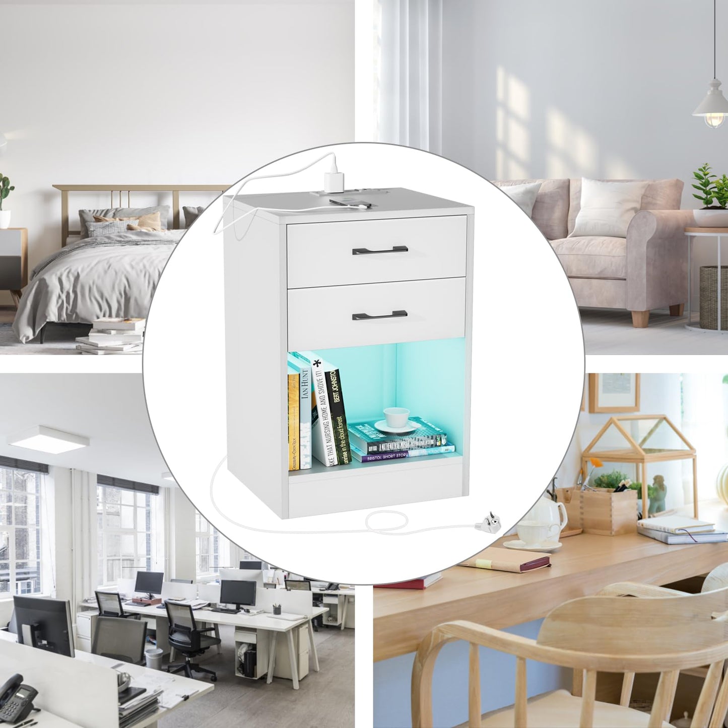 PIPIPOXER nightstand with socket & USB, bedside table LED with 2 drawers nightstand for living room, bedroom bed 40x35x60cm White
