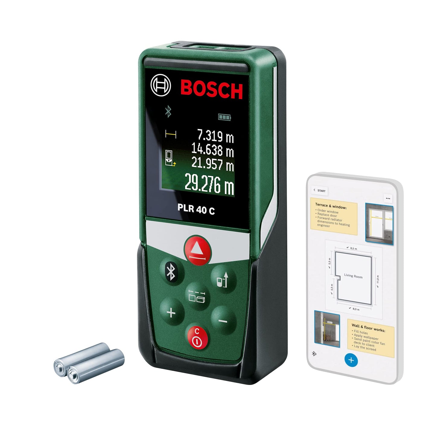 Bosch laser measuring tool PLR40C (2 x AAA batteries, measuring range 0.05 – 40.00 m, in blister packaging)