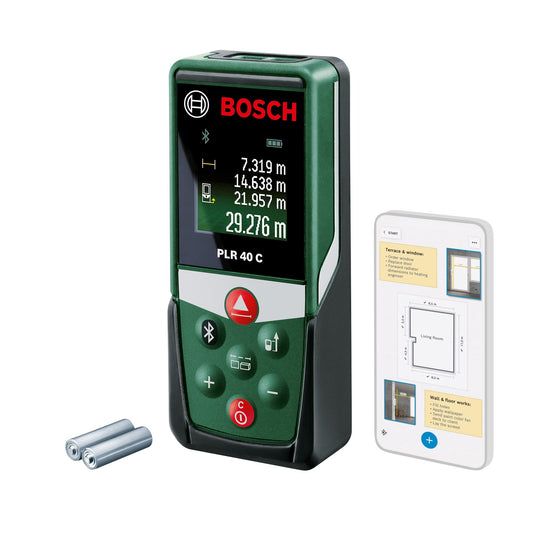 Bosch laser measuring tool PLR40C (2 x AAA batteries, measuring range 0.05 – 40.00 m, in blister packaging)