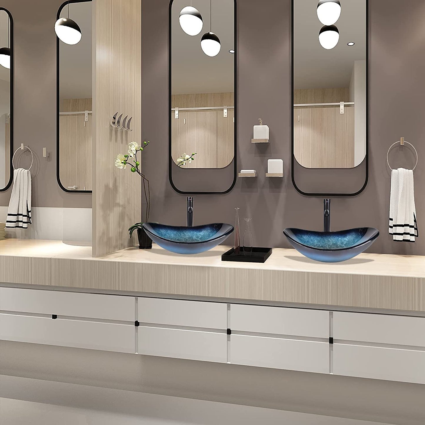 ARTETHYS glass countertop sink with faucet drain, oval washbasin washbasin set in blue, black, for bathroom, kitchen, guest WC.