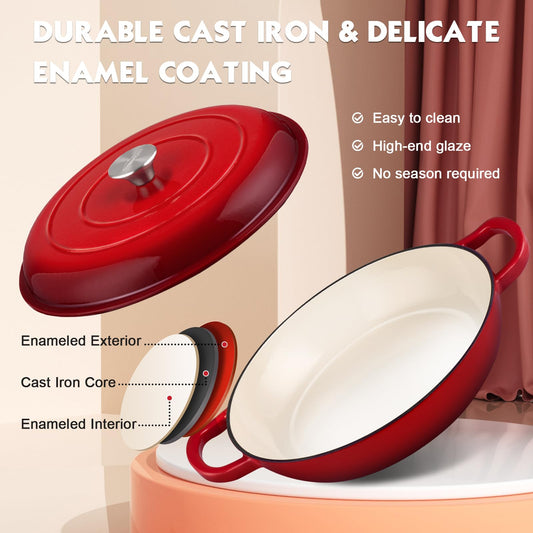 Overmont Dutch Oven Cast Iron Pot 30cm - Enamel Roaster with Lid oven suitable - with cooking book - for kitchen baking stewing roasting Red
