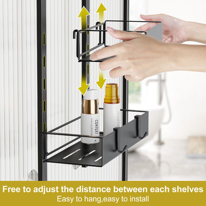 Orimade hanging shower caddy with hooks, adjustable shower shelf without drilling, 4 piece hanging shower basket for frameless glass door black.