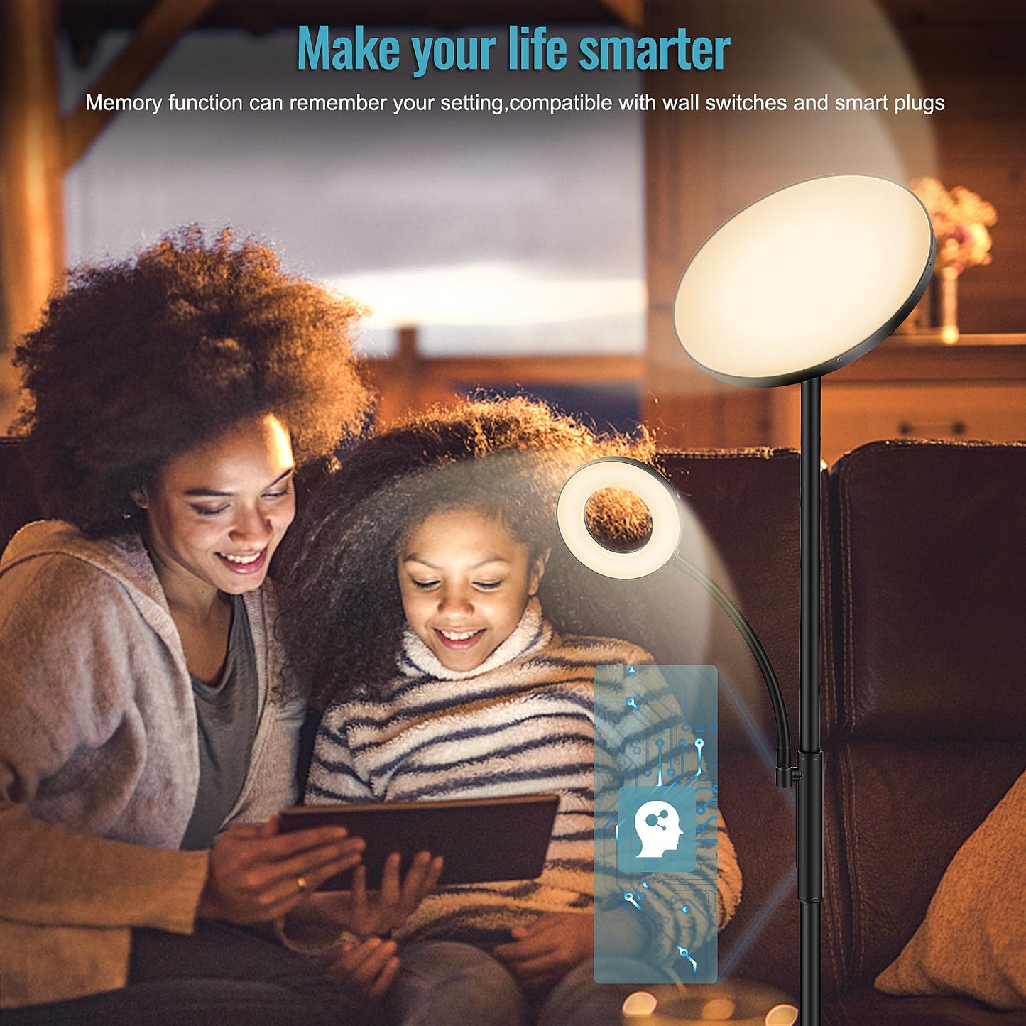 LED floor lamp for living room, dimmable, 42W 3600LM torchiere lamp with reading light, remote control & touch control, 1-minute installation, modern floor lamp for living room, office, dining room, bedroom (black)