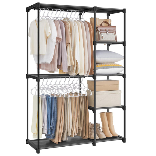 SONGMICS Open Wardrobe, Clothes Rack, Hanging Rail, Wardrobe, 2 Hanging Compartments, ample space, for Bedroom, Living Room, 112 x 43 x 165 cm, black RYG24BK