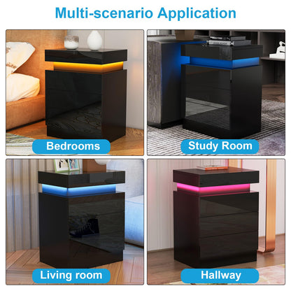 Lvhcmfohm Black Nightstand with LED Light, Bedside Table with 3 Drawers and 16 Color Illumination (45x35x61cm)