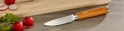 3-piece Genuine Damascus Knife Set, Kitchen/Chef's Knife, Serrated Bread Knife, Paring/Vegetable Knife, Damascus Steel, ergonomic Pakka Wood handles, Brown/Silver, Storage Box included.