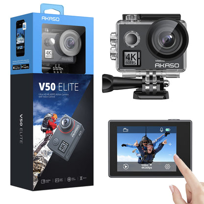 AKASO Action Cam 4K60FPS 40M underwater camera 20MP WiFi Action Camera with touchscreen EIS with 8X zoom voice control remote control accessory kit sports camera (V50 Elite)