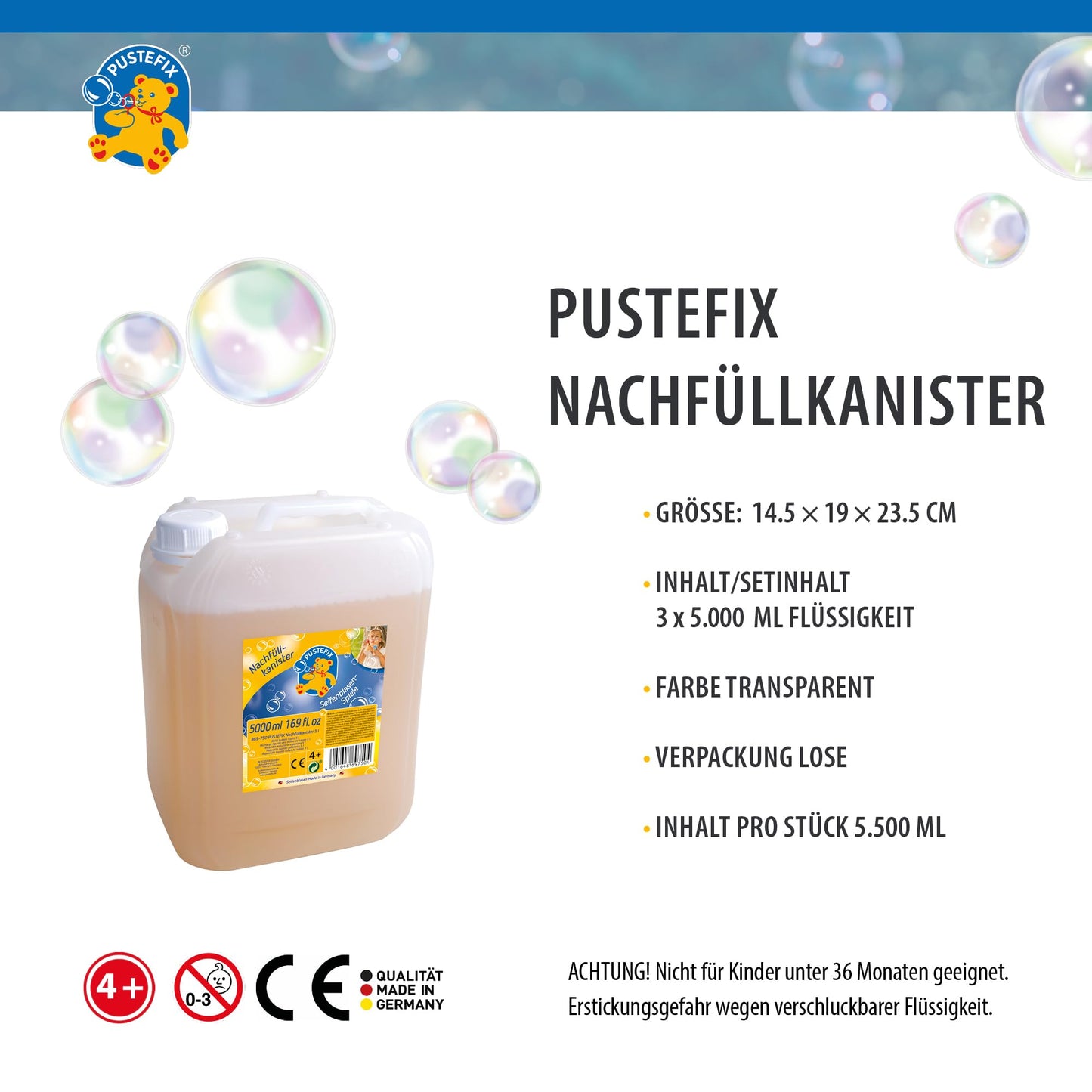 PUSTEFIX 3 x 5 liter refill canister, made in Germany. Perfect for weddings, children's birthdays, and summer parties. Colorful bubbles for kids and adults.