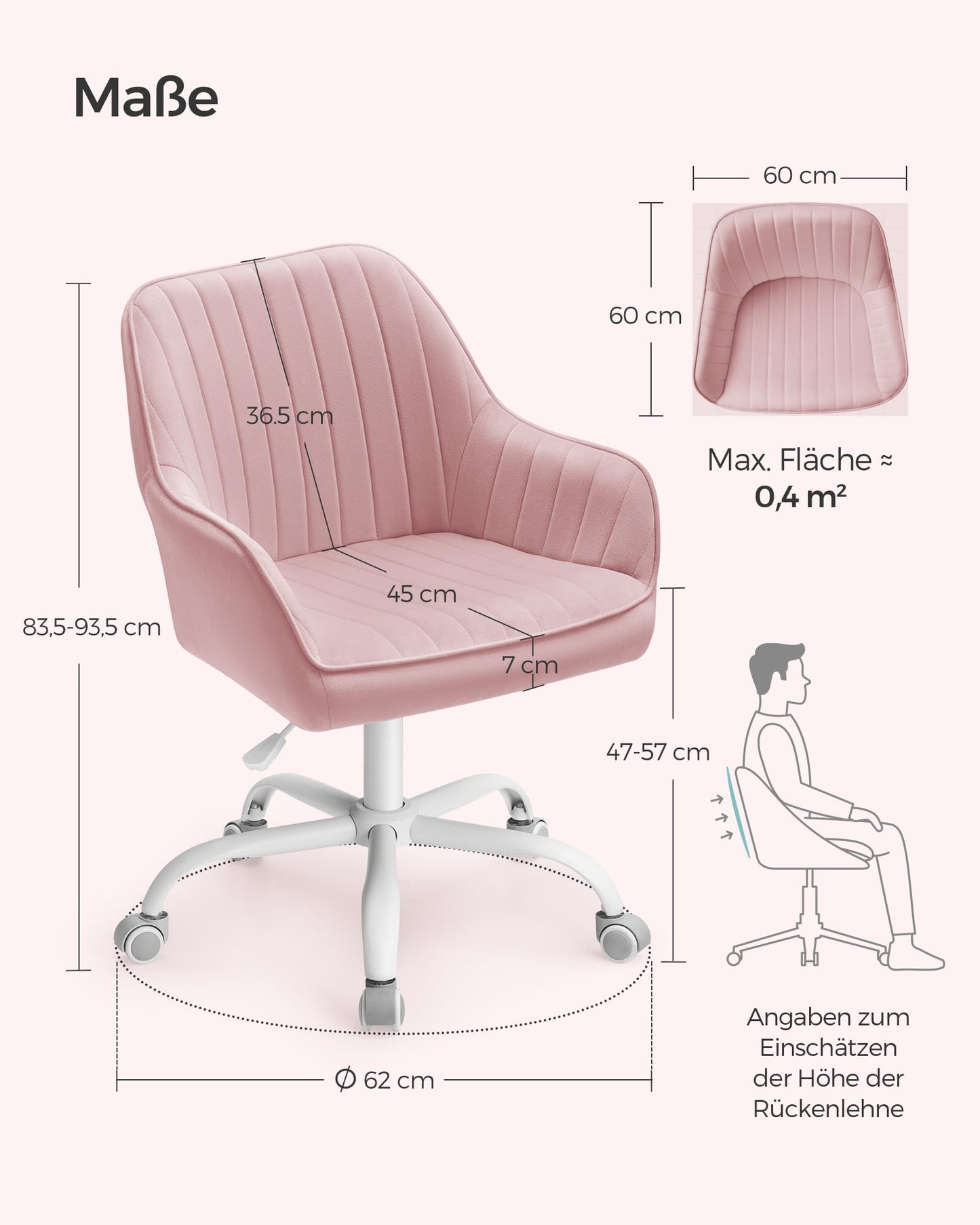 SONGMICS Office Chair, Swivel Chair with Velvet Cover, Foam Padding, Height Adjustable, for Home Office, Bar, Pastel Pink OBG012R01