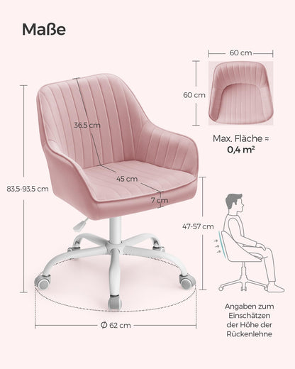 SONGMICS Office Chair, Swivel Chair with Velvet Cover, Foam Padding, Height Adjustable, for Home Office, Bar, Pastel Pink OBG012R01