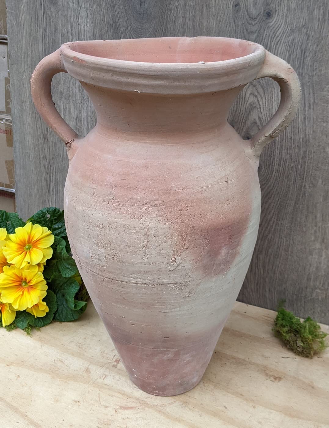 Rustic amphora approximately 45 cm high with 2 handles made of terracotta. Terracotta pitcher vase flower pot planting container plant amphora garden decor Mediterranean.