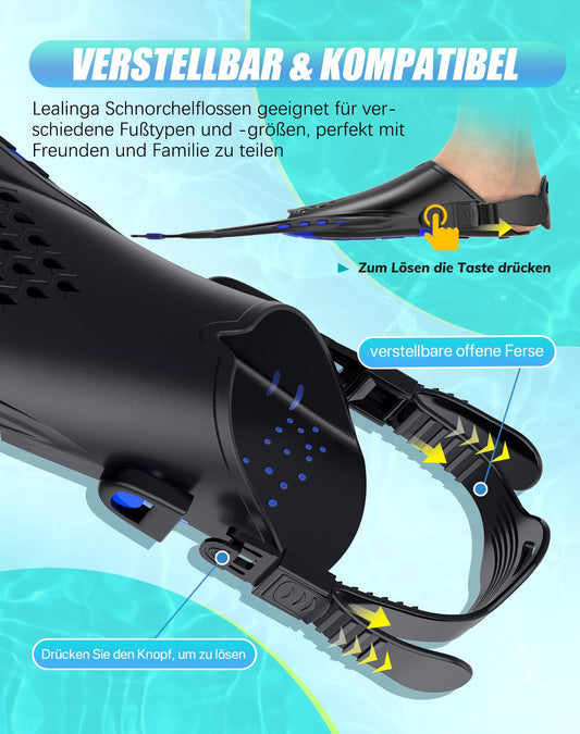 Lealinga snorkel fins, adjustable fins for adults, travel size swim fins, unisex diving fins for adult men, women, and children, open heel training fins with mesh bag.