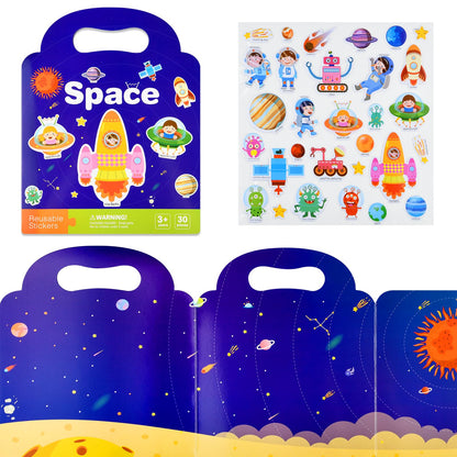 ASTARON Space Sticker Book for Toddlers, Reusable Sticker Books, Airplane Activities, Travel Toys, Birthday Christmas Gift for Kids
