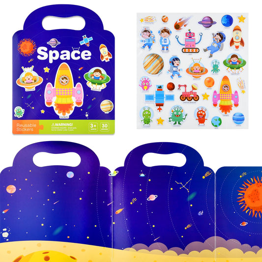 ASTARON Space Sticker Book for Toddlers, Reusable Sticker Books, Airplane Activities, Travel Toys, Birthday Christmas Gift for Kids