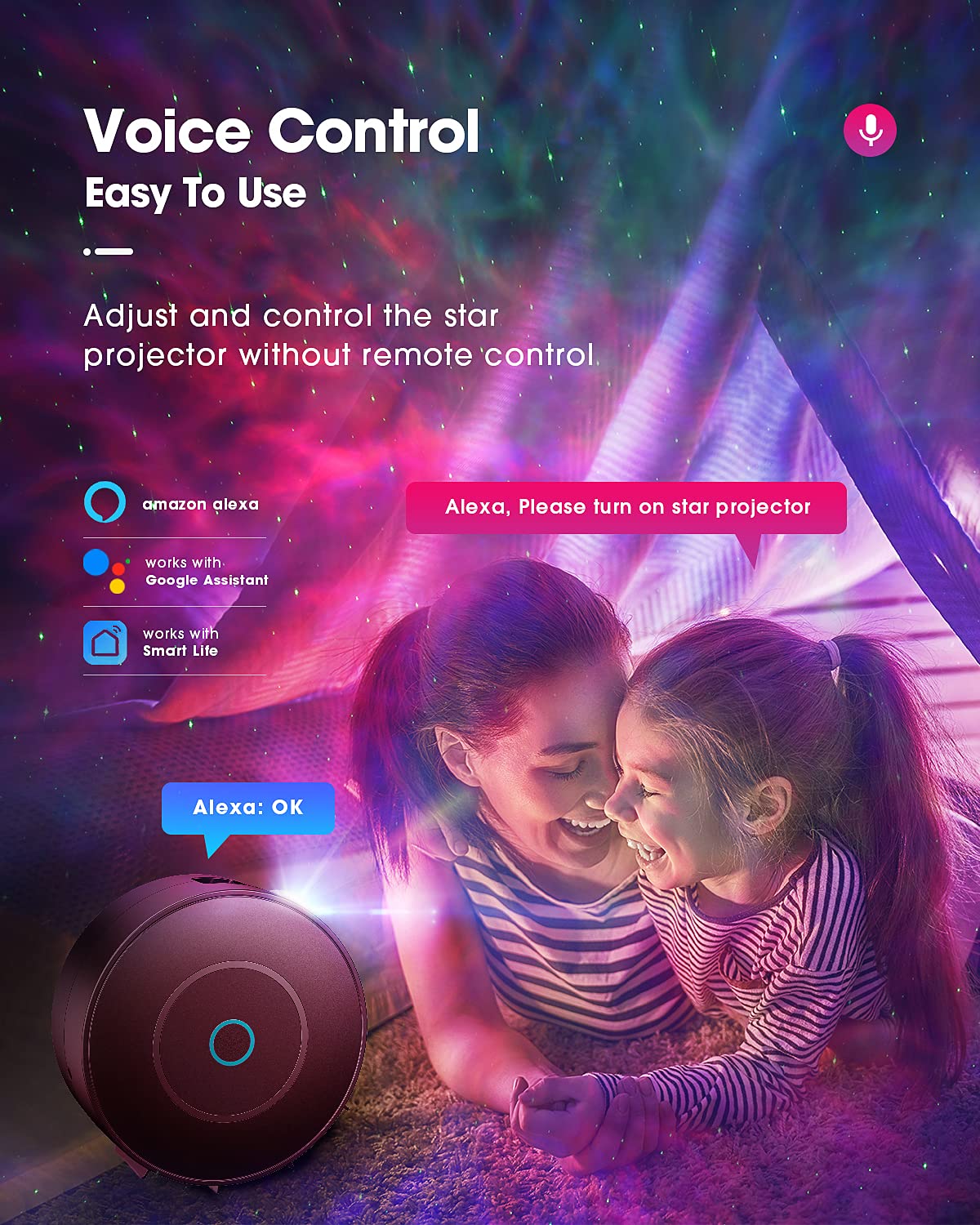 SUPPOU LED Alexa Starry Sky Projector, Smart Night Light 3D Galaxy Star Projector Lamp for Kids Adults with RG Dimming/Voice Control/WiFi Connection/Compatible with Alexa Google Assistant