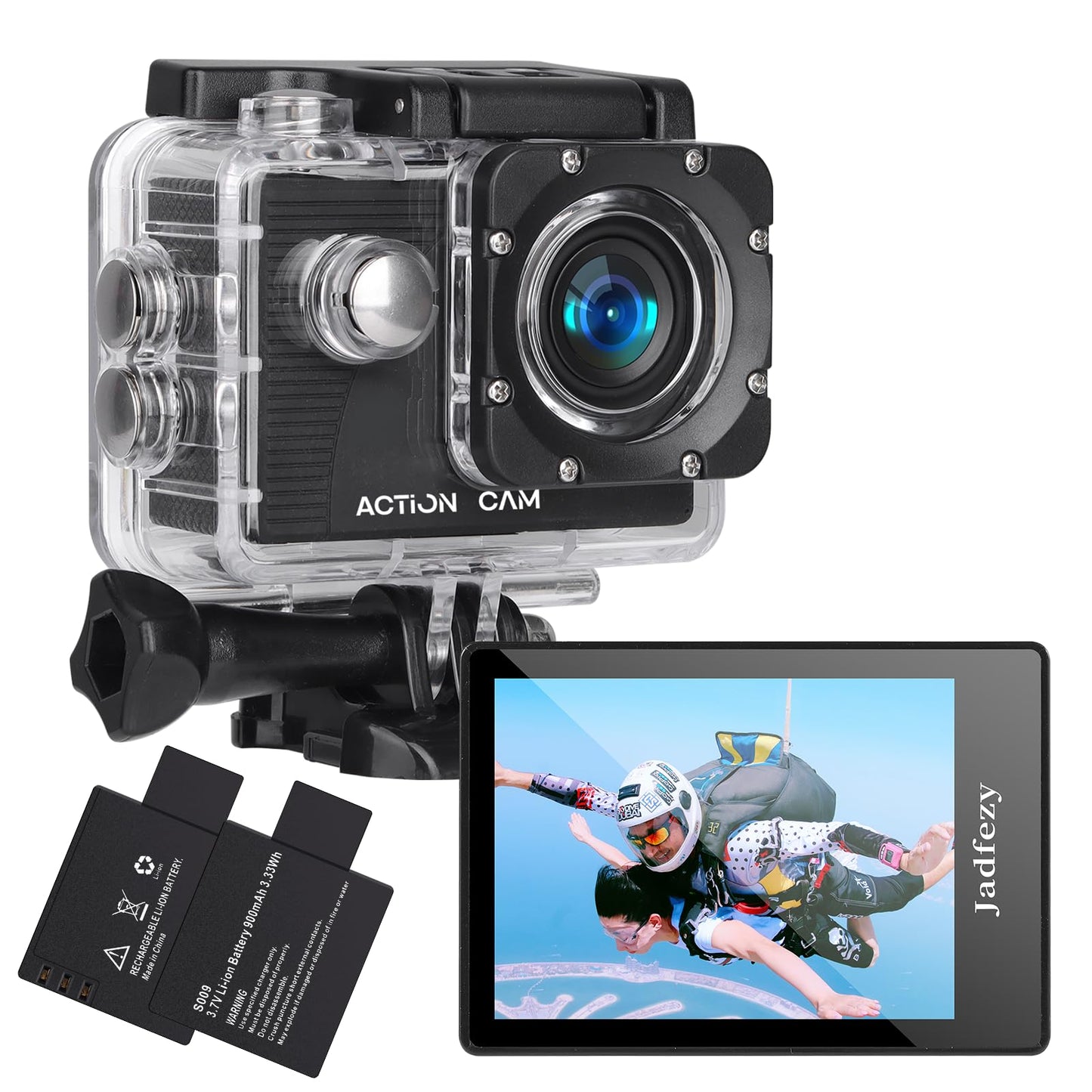 Jadfezy Action Cam FHD 1080P/12MP, underwater camera waterproof up to 30M, 140 degree wide angle action camera with two 900 mAh rechargeable batteries and accessory set.