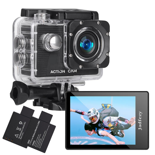 Jadfezy Action Cam FHD 1080P/12MP, underwater camera waterproof up to 30M, 140 degree wide angle action camera with two 900 mAh rechargeable batteries and accessory set.
