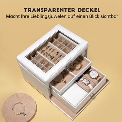 Three Croissants Jewelry Box, with transparent lid, jewelry box with 3 levels, jewelry organizer with 2 drawers, featuring a portable mini box for travel, storage, gift idea, white.