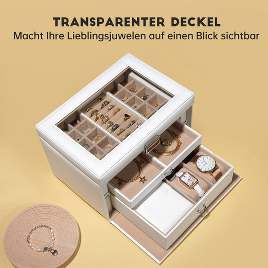 Three Croissants Jewelry Box, with transparent lid, jewelry box with 3 levels, jewelry organizer with 2 drawers, featuring a portable mini box for travel, storage, gift idea, white.