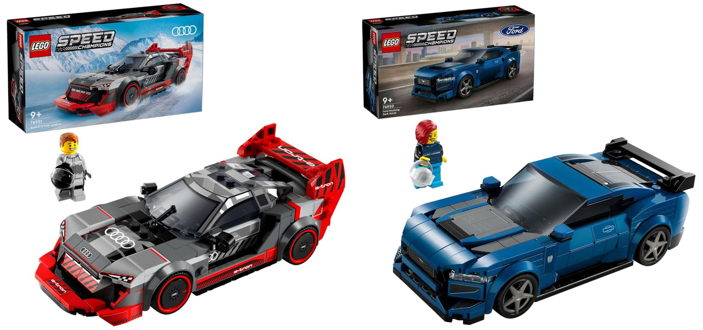 LEGO Speed Champions Audi S1 e-tron Quattro race car set with buildable car & Speed Champions Ford Mustang Dark Horse sports car, buildable car toy with minifigure.