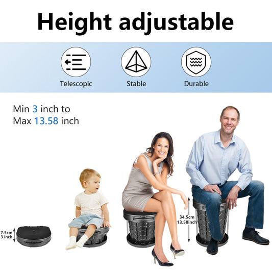Upgraded camping toilet foldable with spring, includes lid and 10 trash bags. Ideal for camping, hiking, fishing, and parties. Supports up to 180kg.