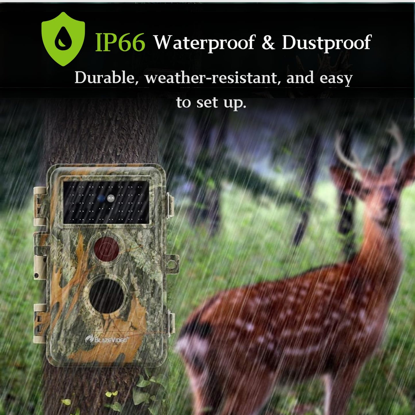 BlazeVideo 48MP wildlife camera with night vision, 1296P H.264 MPV video, motion detector, night vision, time-lapse, IP66 waterproof and 2.4" screen.