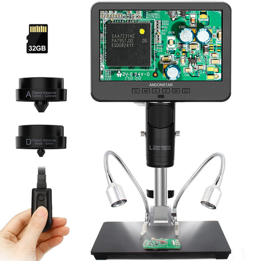 Andonstar AD246-M Digital Microscope, with 3 lenses, 1080P FHD video recording, 7-inch LCD 500x, soldering microscope, biological microscope kit with 32G card, prepared slides.