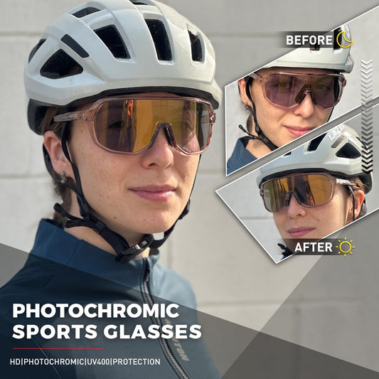 KAPVOE self-tinting cycling sunglasses for men and women. Ideal for fast cycling, running, and mountain biking with UV protection. Model K63.