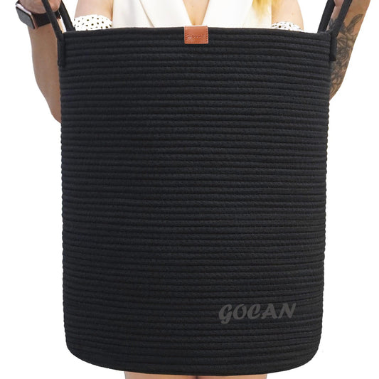 GOCAN Large High Sturdy Laundry Hamper Basket Woven Storage Baskets for Clothes Pillows Blankets Toys in Living or Bedroom Decoration H50XT38cm Black