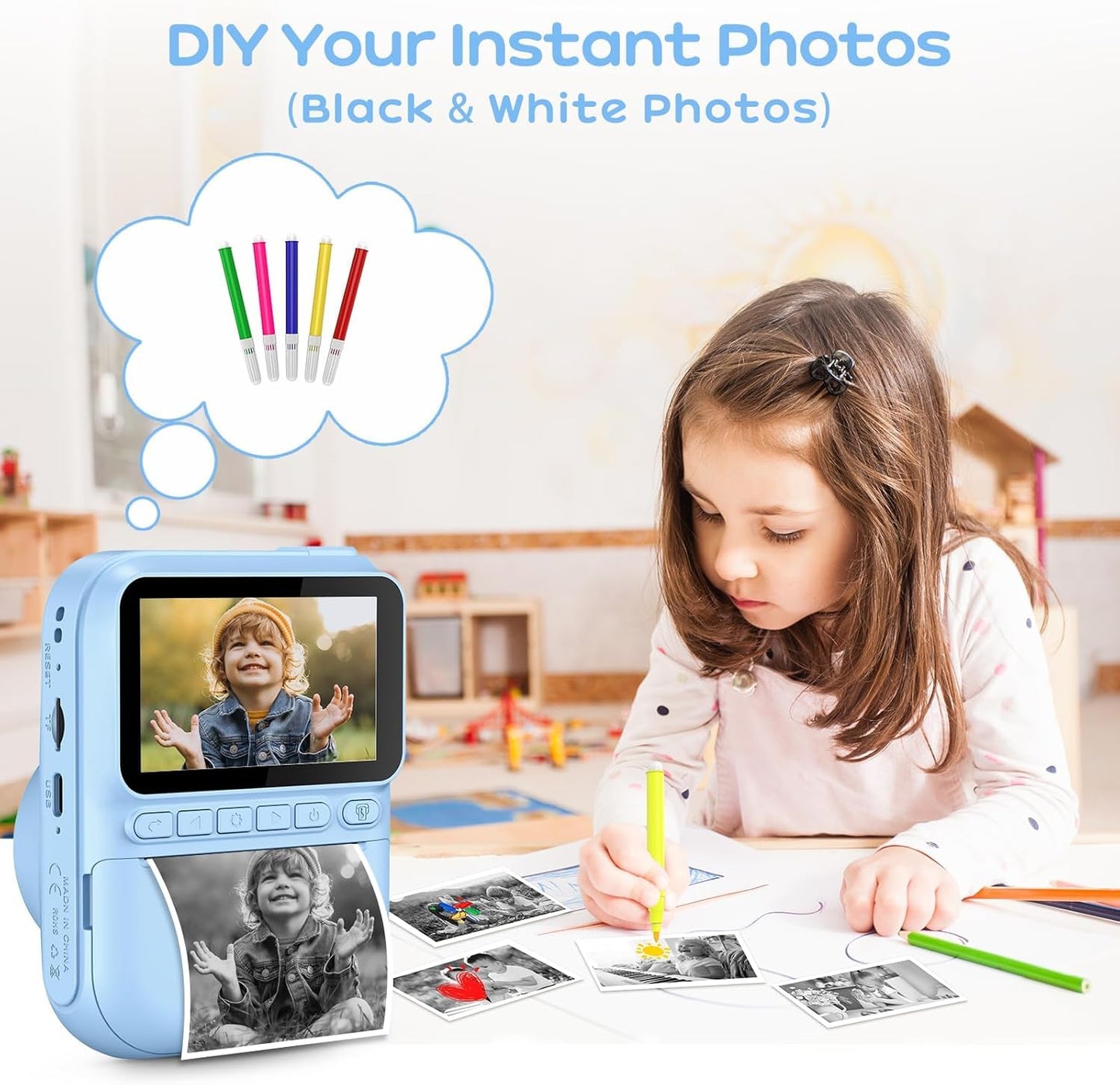 GREENKINDER Instant Camera for Kids,14MP 3.0 Inch Screen Kids Camera Instant Camera with 32G Card,Printing Paper & Colored Pens,1080P Kids Camera Instant Print, 3-12 Years