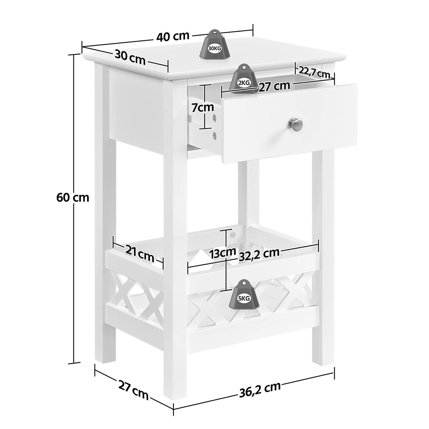 Yaheetech Set of 2 Nightstands Bedside Table with Basket & 1 Drawer Country Style Side Table Telephone Table Coffee Table for Living Room/Bedroom 40×30×60 cm, White