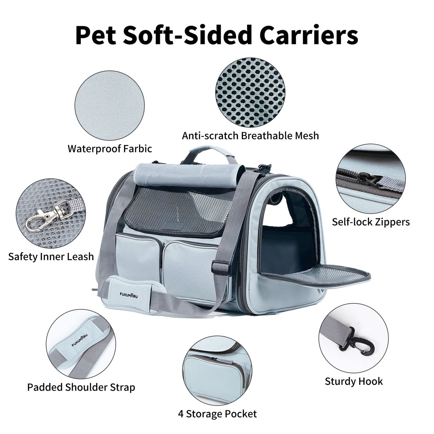 FUKUMARU Cat Carrier, Foldable Pet Carrier, Dog Carrier with Travel Bag, Carrier for Cats/Dogs up to 22 lbs, Light Gray, Large