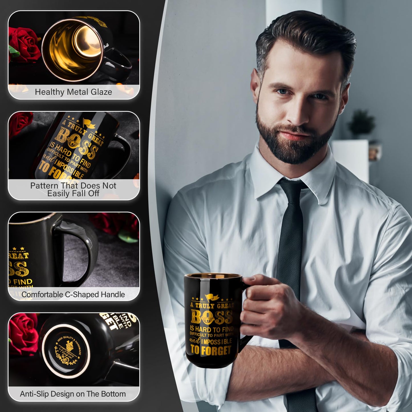 Doublewhale Boss Gifts, Best Boss Mug, Gifts for Men for Birthday, Farewell, Night Out, Retirement, Boss Day, Christmas, 530ml, black ceramic coffee mug with spoon lid card, beautiful.