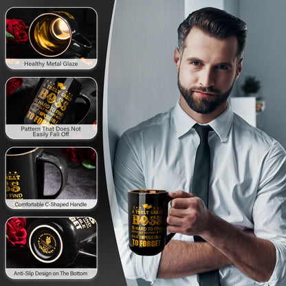 Doublewhale Boss Gifts, Best Boss Mug, Gifts for Men for Birthday, Farewell, Night Out, Retirement, Boss Day, Christmas, 530ml, black ceramic coffee mug with spoon lid card, beautiful.