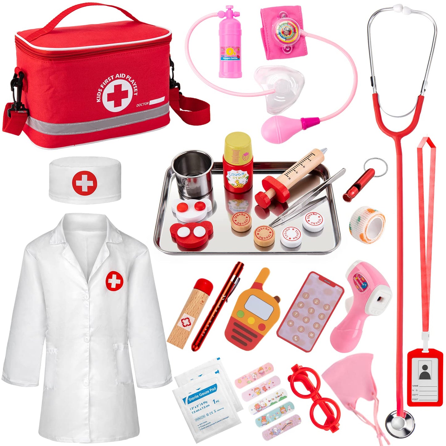EFO SHM Doctor's Kit for Kids, 34-piece wooden doctor's kit with stethoscope, thermometer, syringe, doctor's bag, and lab coat - Gift for children role-playing toy for ages 3 years and up.