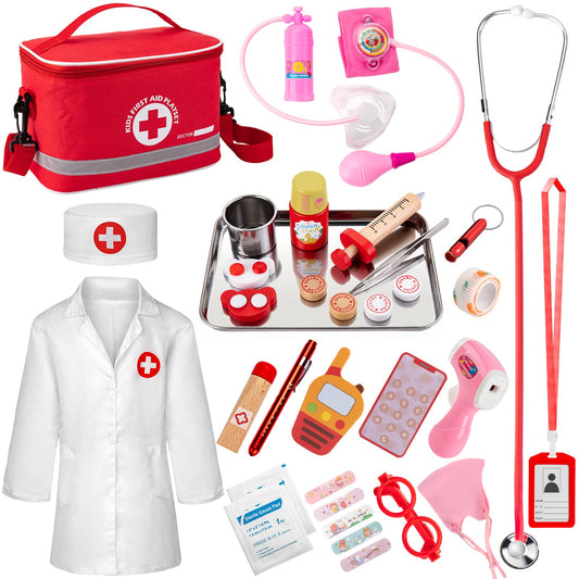 EFO SHM Doctor's Kit for Kids, 34-piece wooden doctor's kit with stethoscope, thermometer, syringe, doctor's bag, and lab coat - Gift for children role-playing toy for ages 3 years and up.