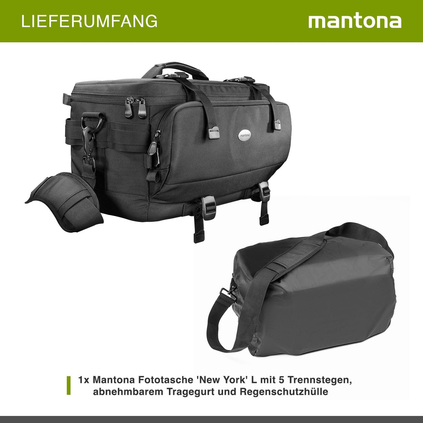 Mantona New York camera bag with internal compartments. Ideal for lenses, mirrorless cameras, and DSLRs. Provides storage for camera accessories, with rain cover and shoulder strap.