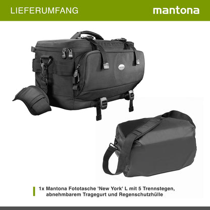 Mantona New York camera bag with internal compartments. Ideal for lenses, mirrorless cameras, and DSLRs. Provides storage for camera accessories, with rain cover and shoulder strap.