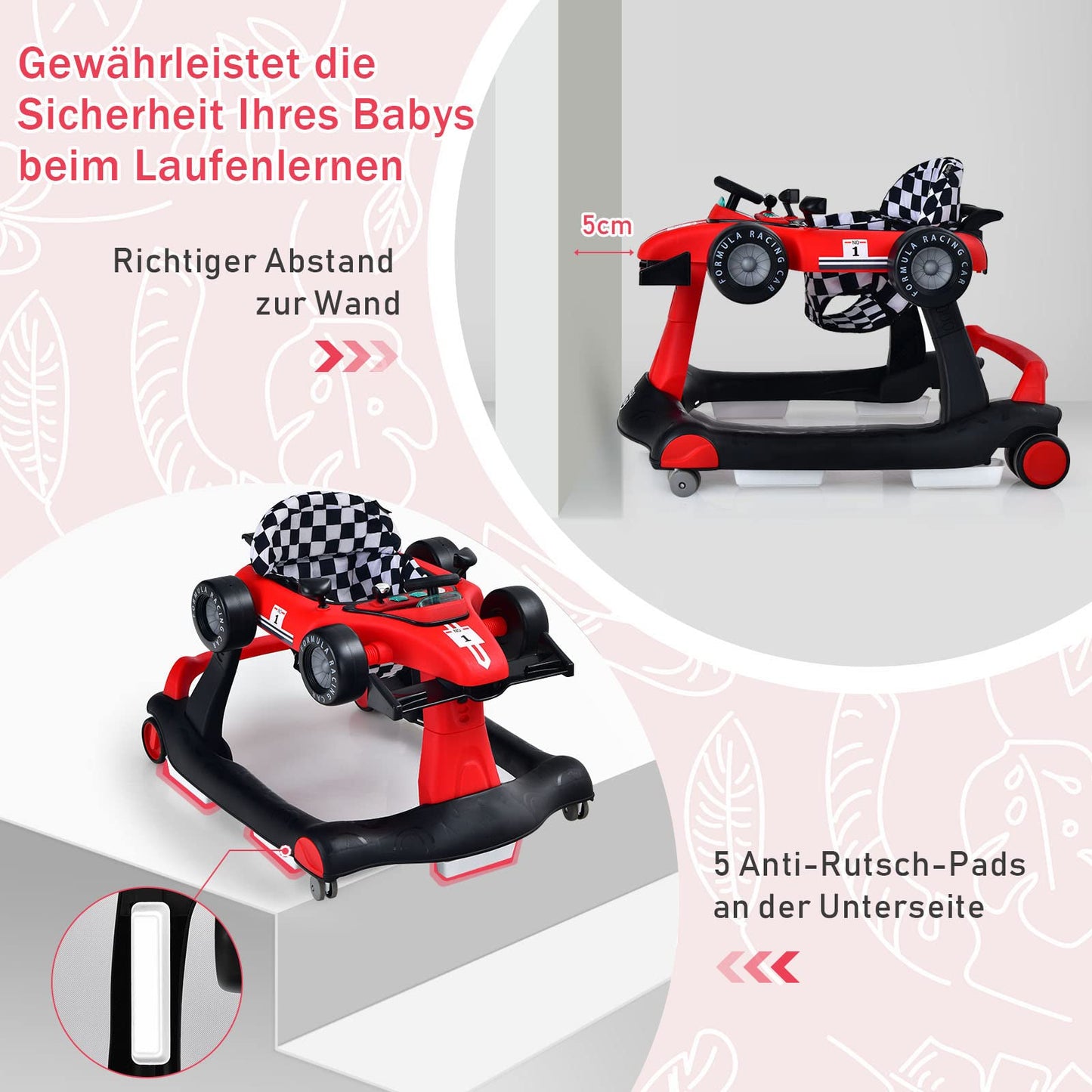 COSTWAY 4 in 1 baby walker, foldable with adjustable height & speed, car-shaped with music box, lights & wheels, baby walker for up to 6 months old babies, can support up to 12kg (Red)