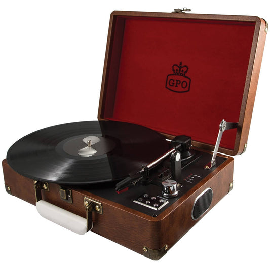GPO Attache turntable in briefcase-style with vinyl player and built-in speakers, vintage brown.