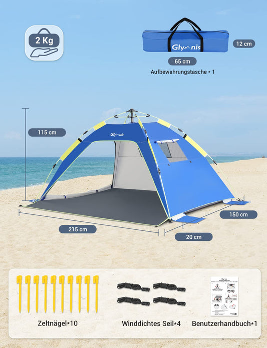 Glymnis Beach Shelter Quick Up Beach Tent Automatic Beach Tent with Zipper Door UV Protection 50+ Wind Protection Small Pack Size Beach Tent for 3 to 4 People