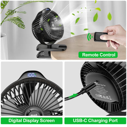 Minthouz Table Fan with Clip, 8000mAh USB Fan, 5 Speeds Portable Mini Fan, Quiet Ceiling Fan Ideal for Outdoor Camping/Stroller/Home/Office