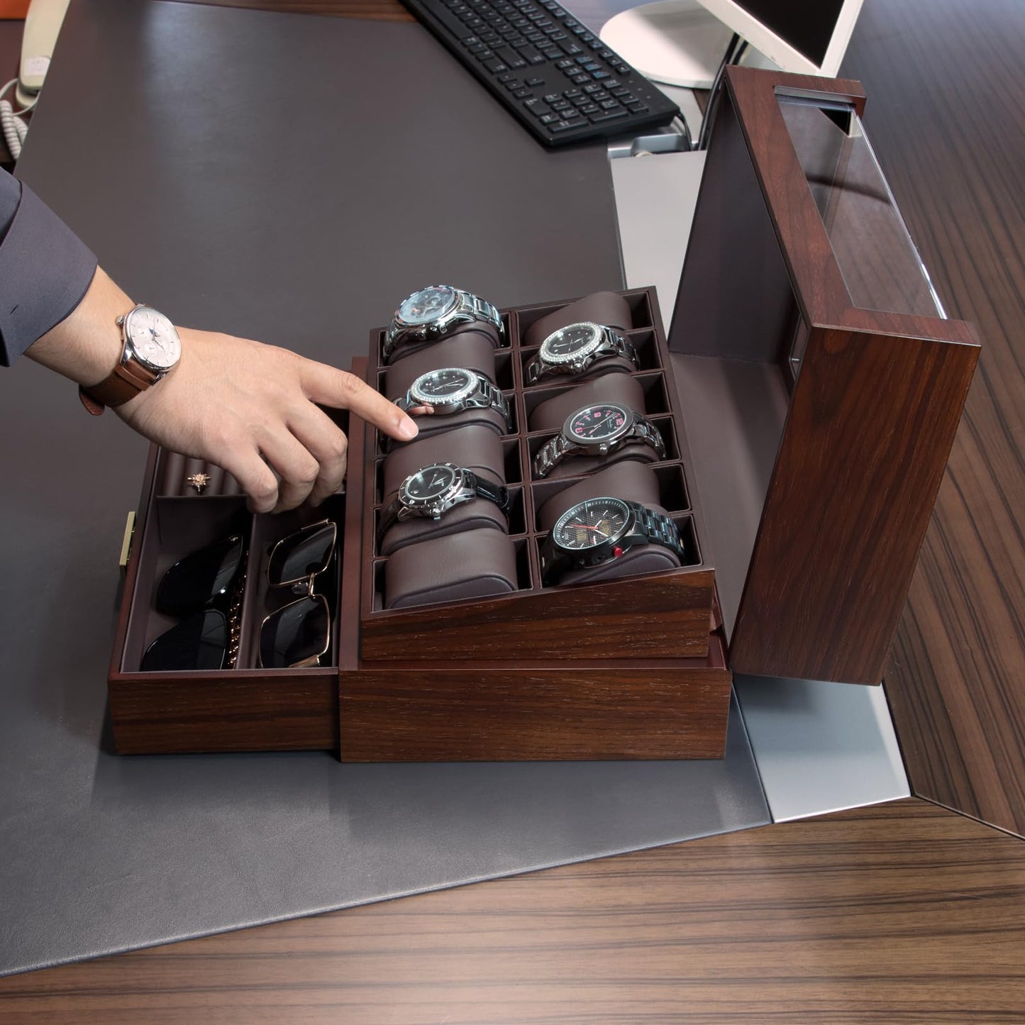 KAMIER Men's Watch Box with 12 compartments, Luxurious Large Real Wood Watch Box 2 Levels, Watch Case with removable watch cushions and drawer, Premium Watch Case with glass cover (with gift box)